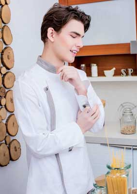 Unisex Kochjacke asymmetrisch mit Kontrastblenden 100% Baumwolle