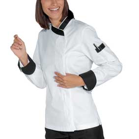 Damen Kochjacke langarm verd. Knopfleiste weiß/schwarz   057711