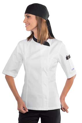 Damen Kochjacke kurzarm verd. Knopfleiste weiß/schwarz    057711M