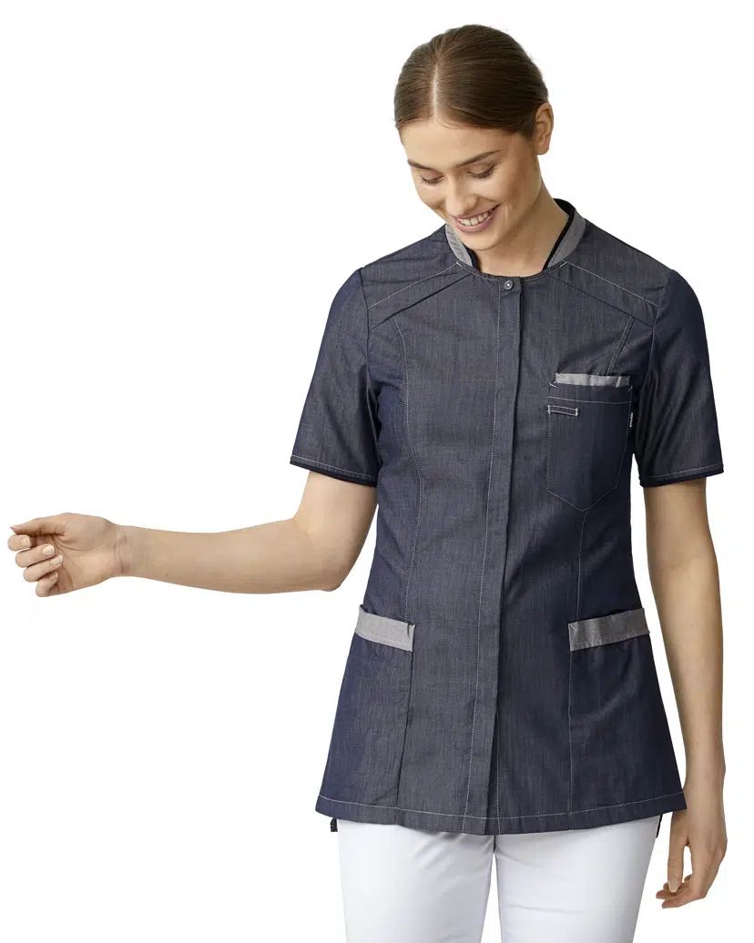 Damen Kasack kurzarm chambray grau