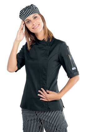 Damen Kochjacke kurzarm verd. Knopfleiste schwarz